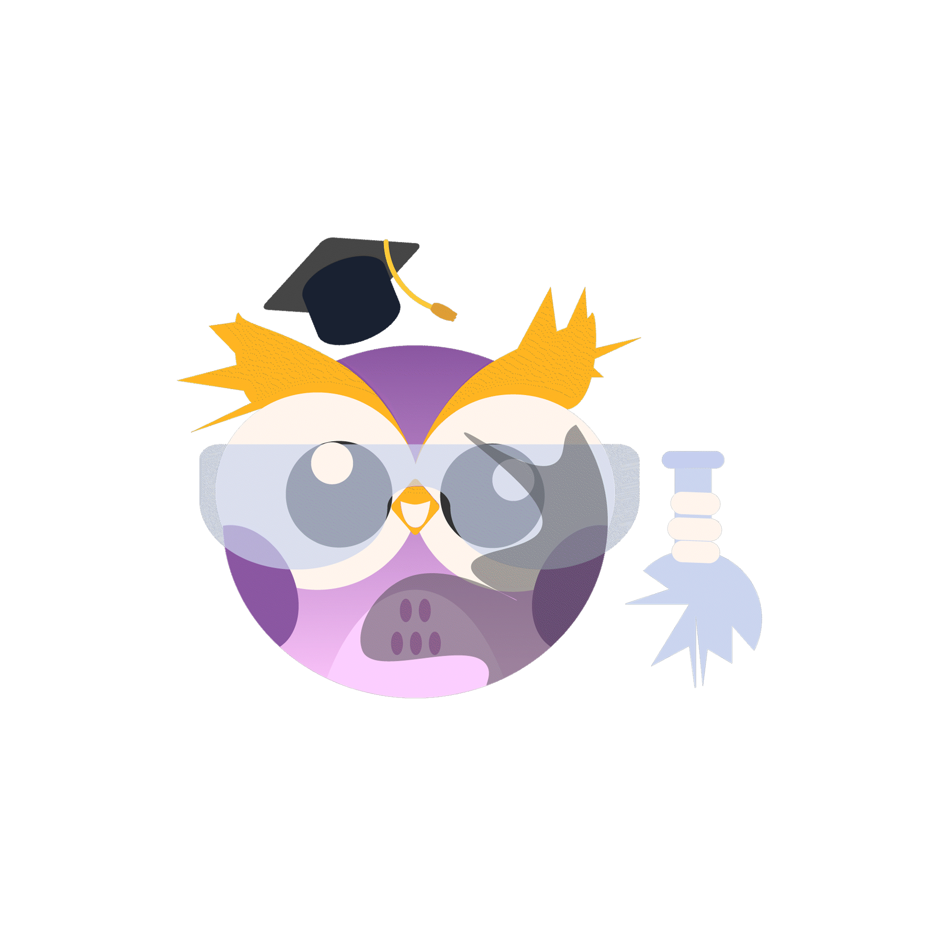 Graduate owl mascot with safety goggles holding a flask