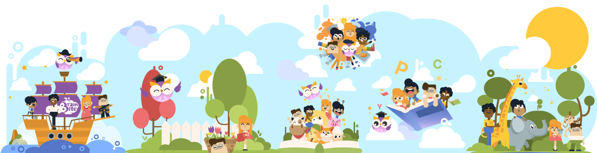 A wide playful scene with the BrainBite pirate ship, owl mascots, kids reading on a flying book, and a giraffe and elephant by a tree.