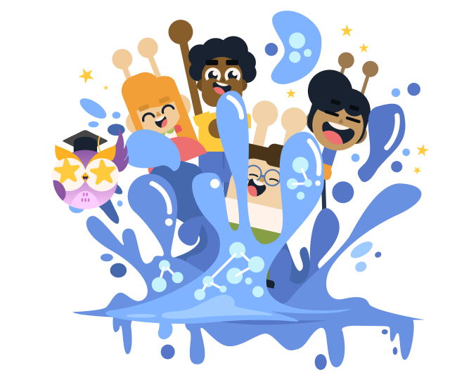 Cheering students splashing in water with a star-eyed owl mascot.