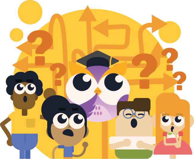 Owl with confused students surrounded by question marks and direction arrows.