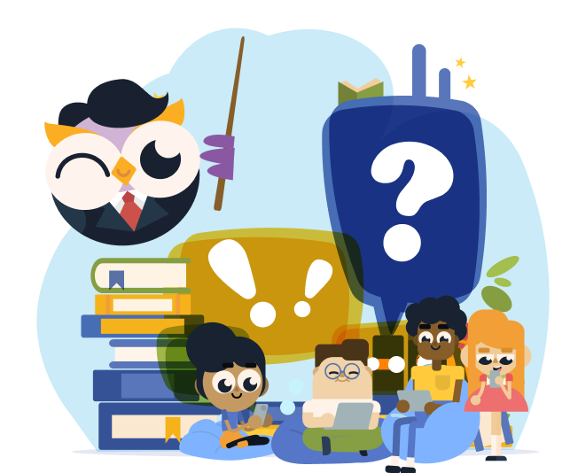 Professor owl pointing at a chalkboard while students study with books and speech bubbles.